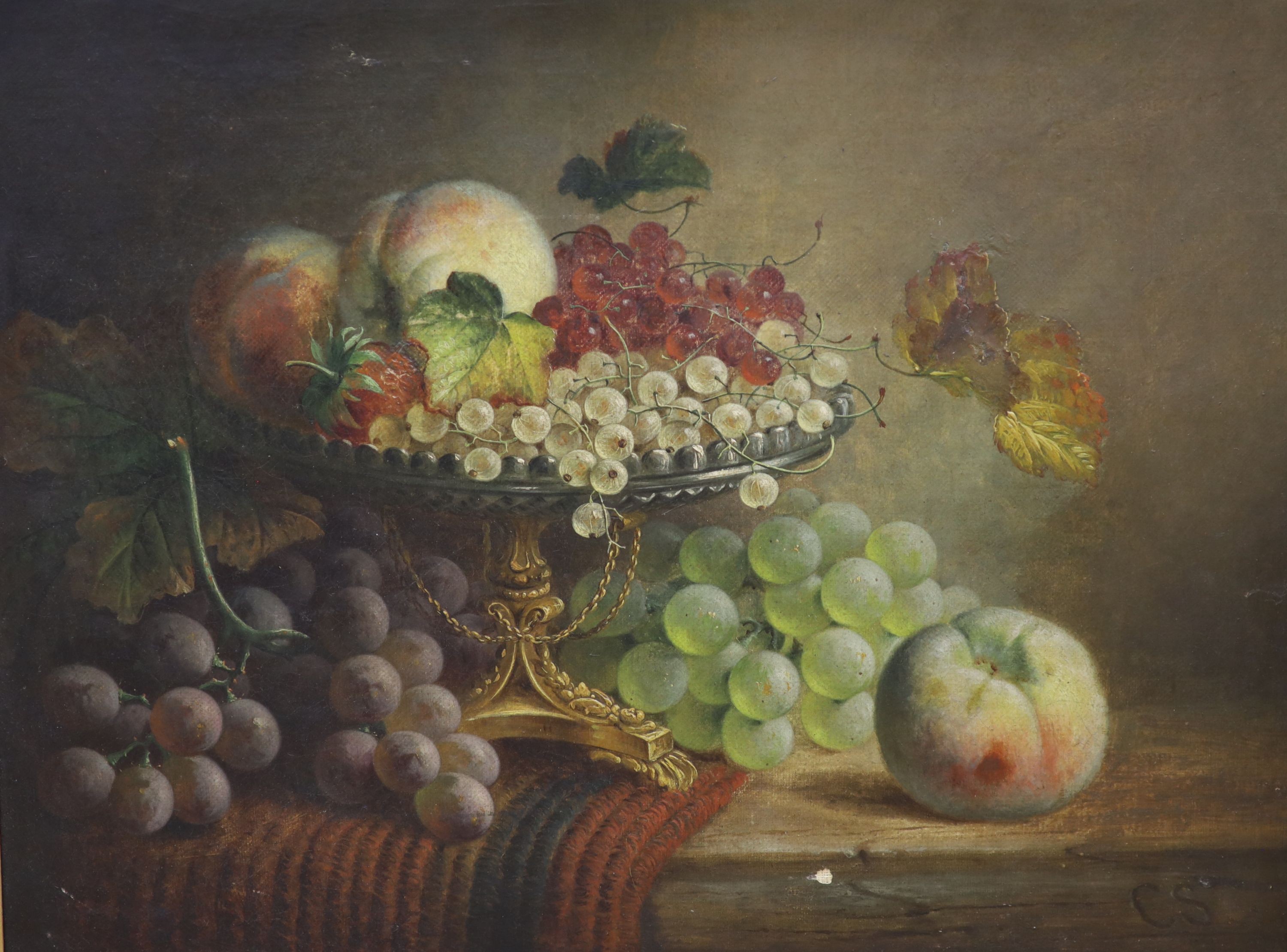 CS (19th century), oil on canvas, Still life of fruit in a tazza on a table top, initialled, 34 x 44cm